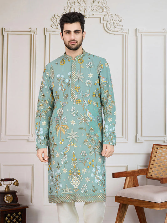 Men's Georgette Persian Embroidered Sea Green & Multi Long Kurta