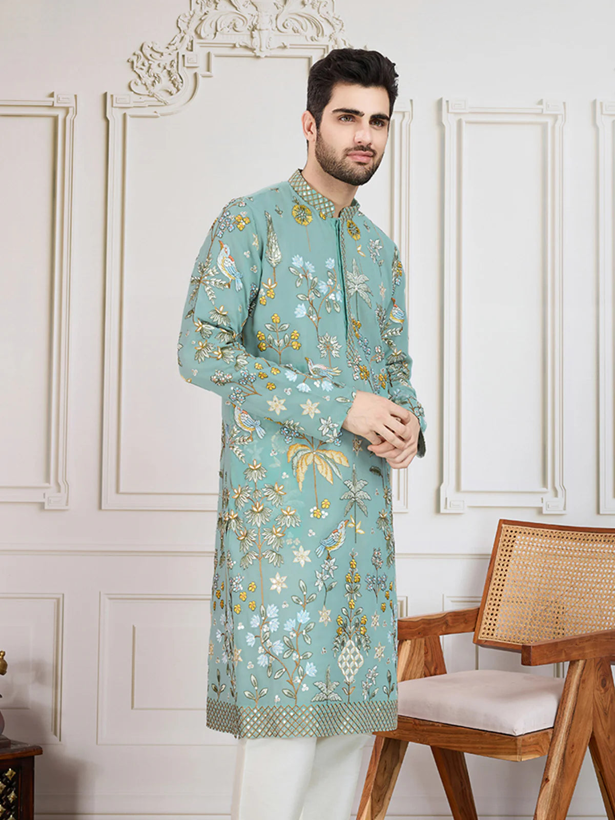 Men's Georgette Persian Embroidered Sea Green & Multi Long Kurta
