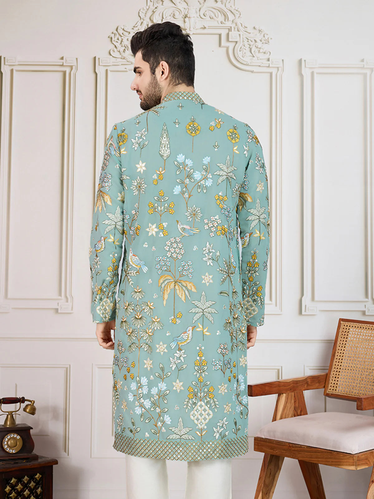 Men's Georgette Persian Embroidered Sea Green & Multi Long Kurta