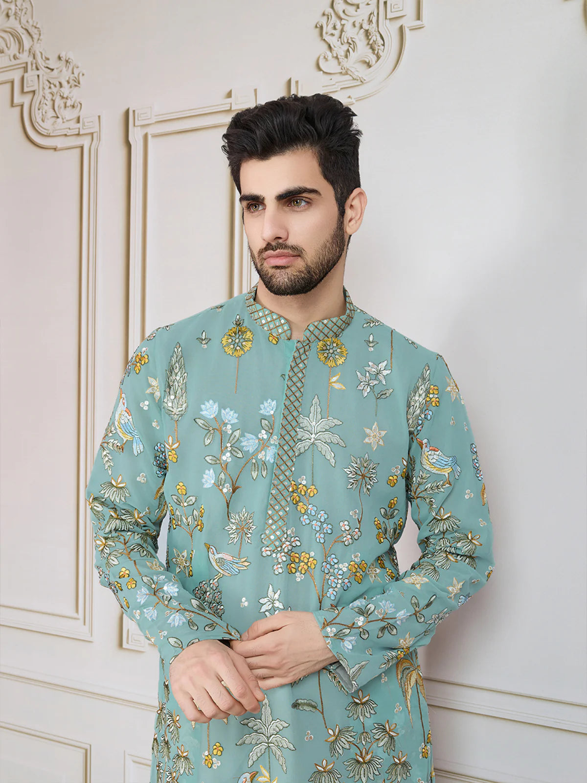 Men's Georgette Persian Embroidered Sea Green & Multi Long Kurta