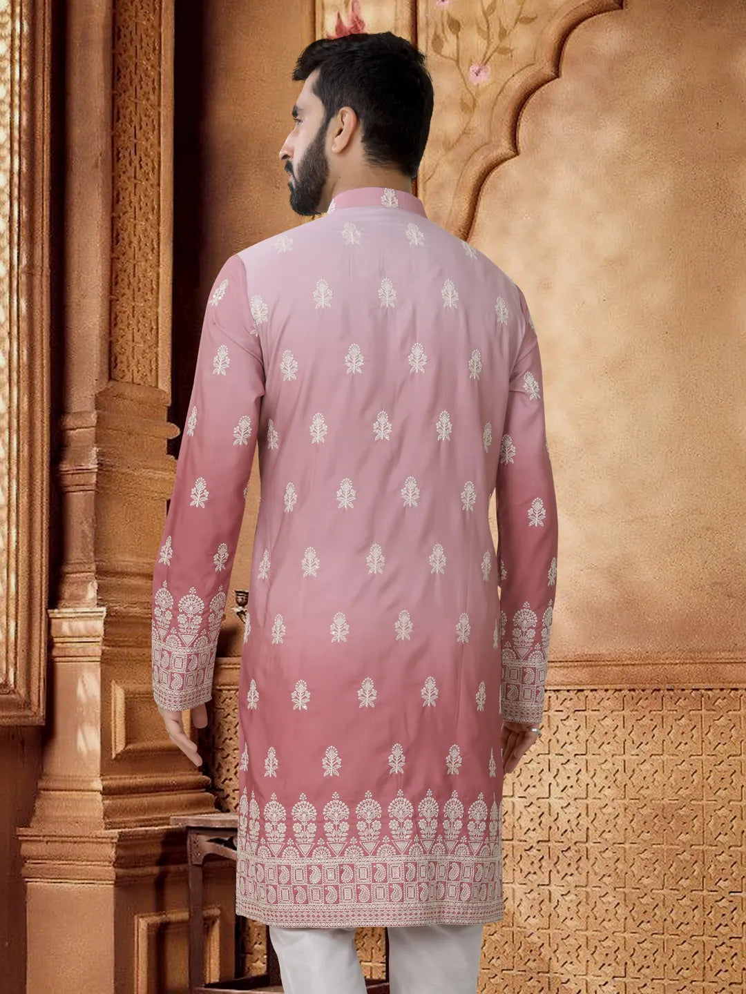 PINK COTTTON EMBROIDERY FLORAL THREAD SHADED KURTA PAJAMA SRT FOR MEN'S