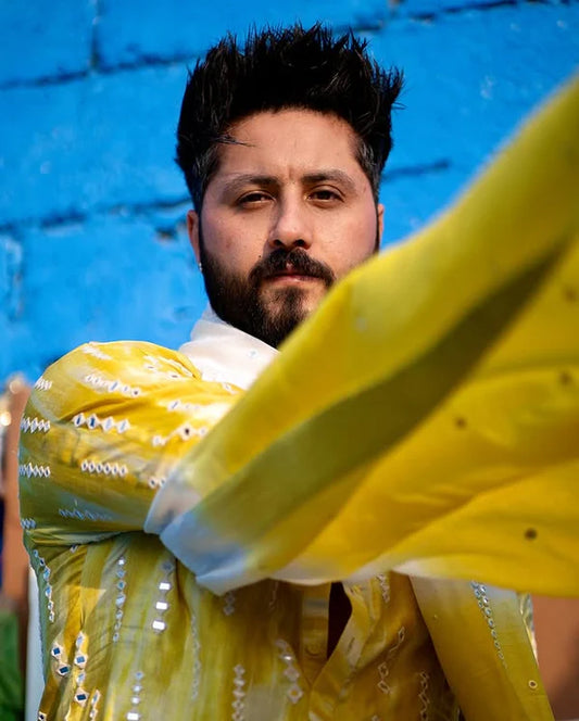 Yellow Mirror Work Kurta pajama and dupatta set For Men