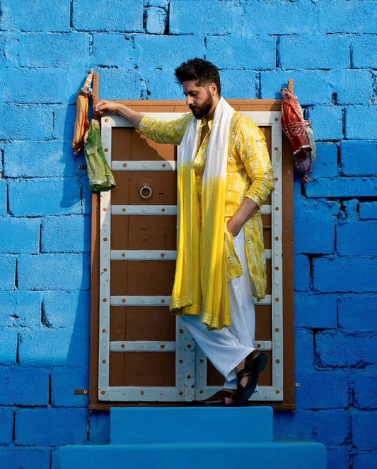 Yellow Mirror Work Kurta pajama and dupatta set For Men