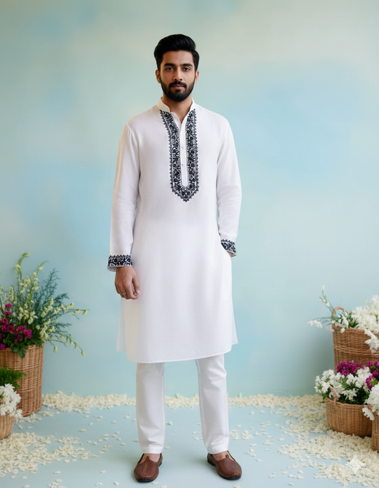 White Neck black Cotton Embroidered Work Men's Kurta with Pajama