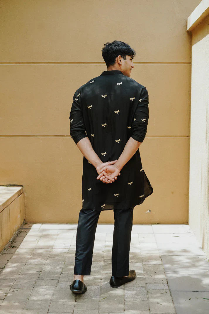 Black Dragon Fly Embroidered Work Men's Kurta with Pajama