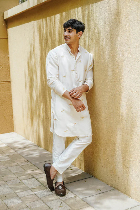 White Dragon Fly Embroidered Work Men's Kurta with Pajama