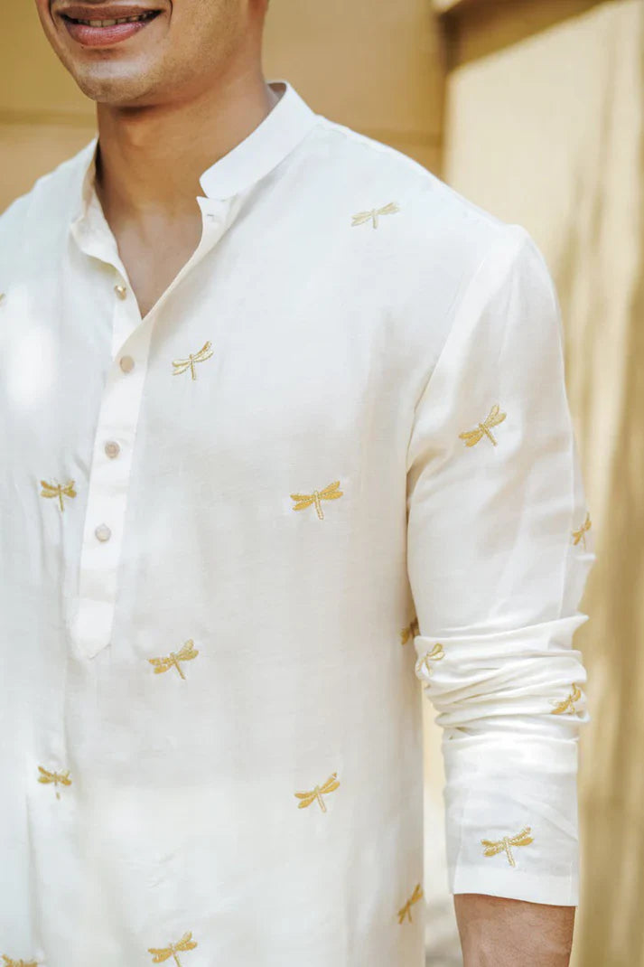 White Dragon Fly Embroidered Work Men's Kurta with Pajama