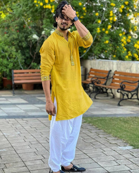 MUSTARD YELLOW MIRROR EMBROIDERY KURTA AND PAJAMA