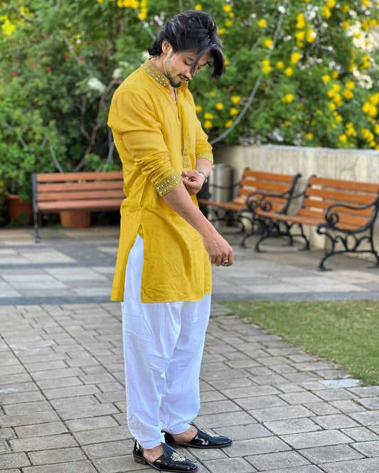 MUSTARD YELLOW MIRROR EMBROIDERY KURTA AND PAJAMA