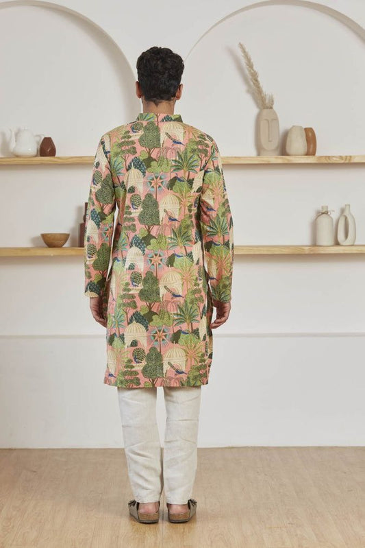 PINK WOVEN MUGHAL GARDEN AND BIRD PRINTED KURTA WITH PAJAMA SET FOR MEN