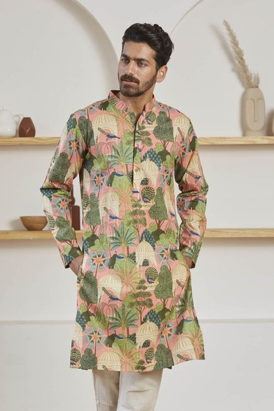 PINK WOVEN MUGHAL GARDEN AND BIRD PRINTED KURTA WITH PAJAMA SET FOR MEN