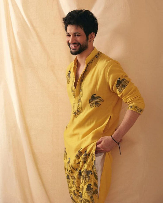 MUSTARD PARROT CHANDERI KURTA PAJAMA SET FOR MENS