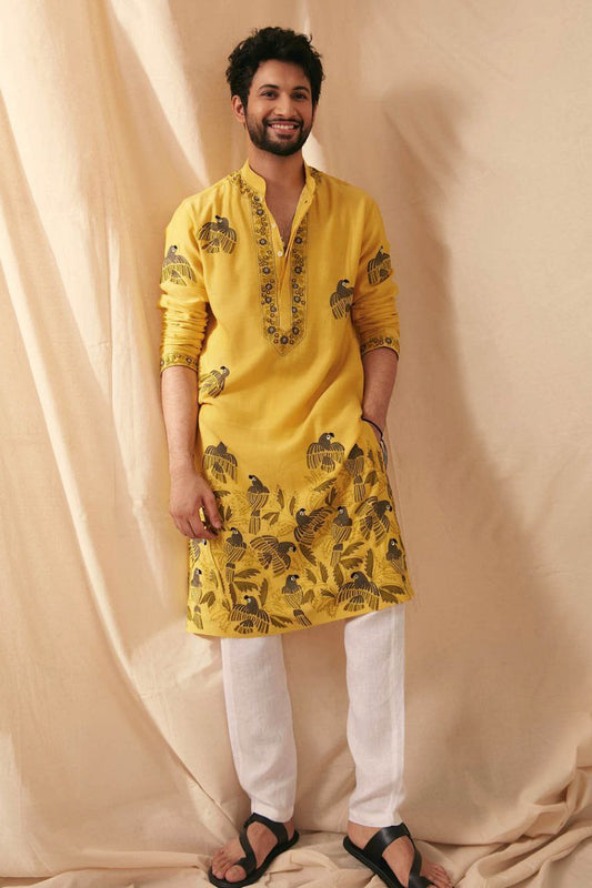 MUSTARD PARROT CHANDERI KURTA PAJAMA SET FOR MENS