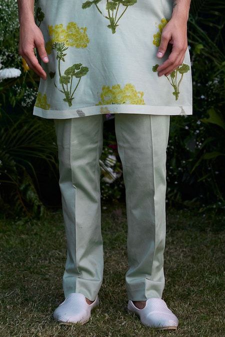 MIST GREEN FLORAL BLOCK PRINTED KURTA PAJAMA SET FOR MENS