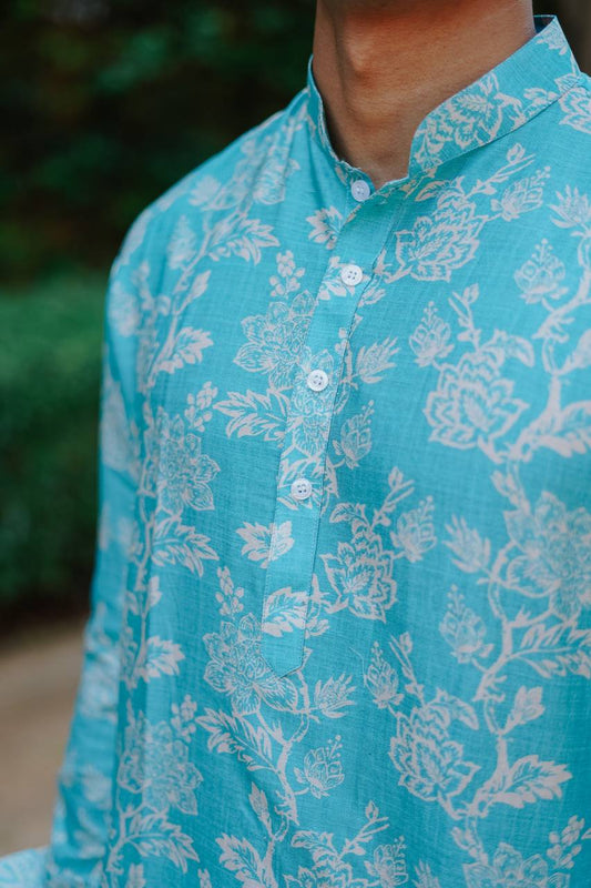 MINT GREEN PRINTED KURTA WITH PAJAMA SET FOR MEN