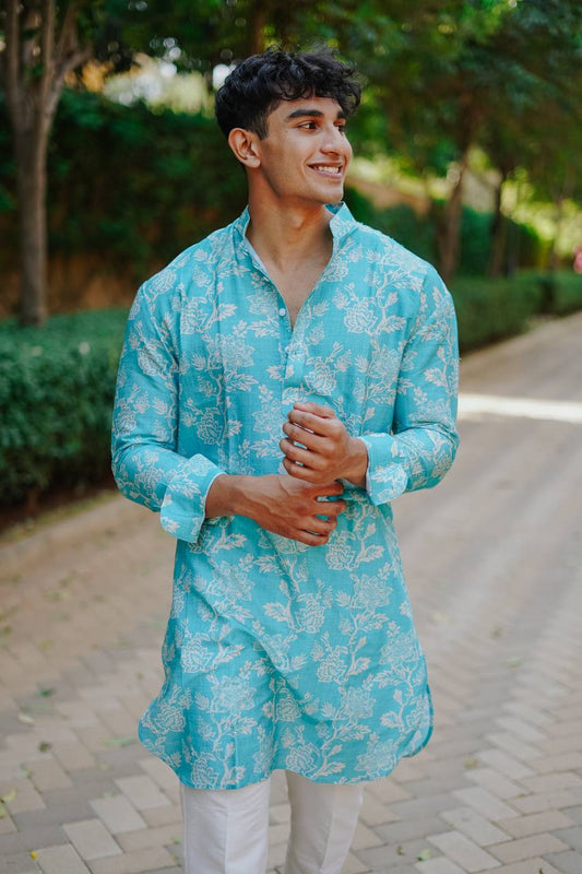 MINT GREEN PRINTED KURTA WITH PAJAMA SET FOR MEN