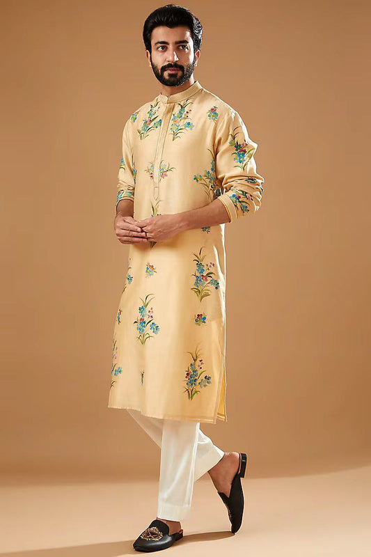 BEIGE CHANDERI HANDLOOM PRINTED KURTA WITH PAJAMA SET FOR MEN'S