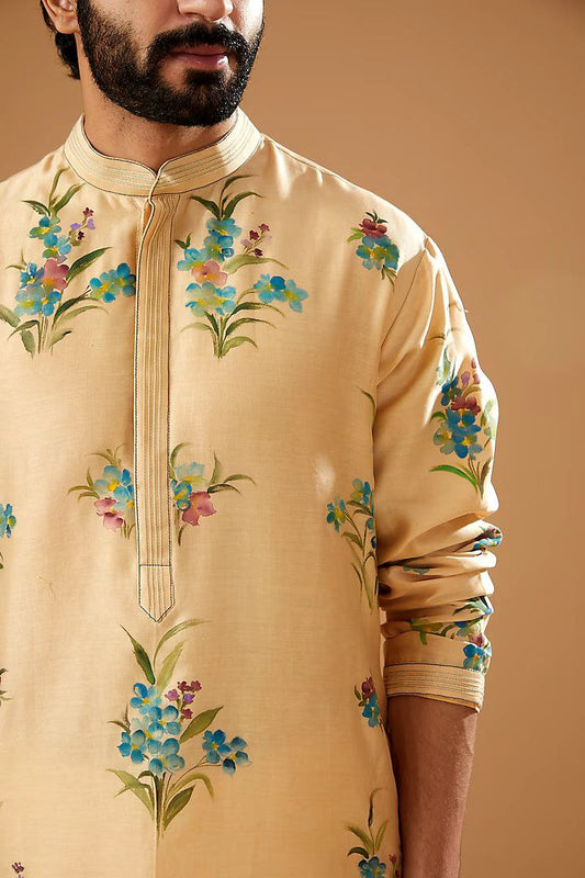 BEIGE CHANDERI HANDLOOM PRINTED KURTA WITH PAJAMA SET FOR MEN'S