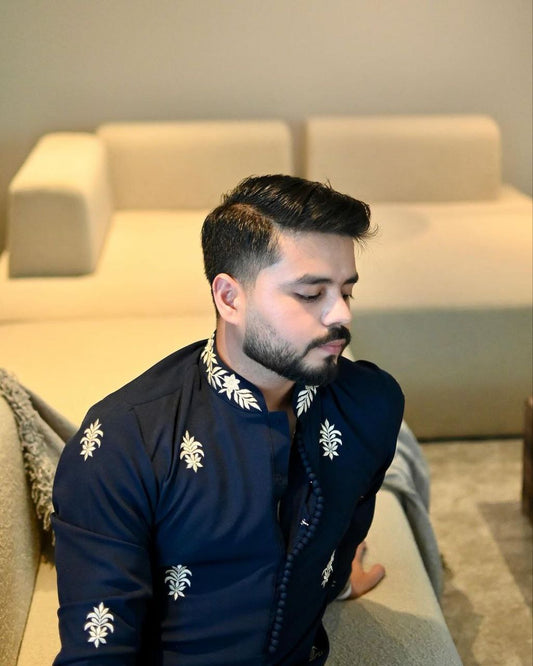 OXFORD BLUE RAW SILK WHITE THREAD EMBROIDERED KURTA WITH PAJAMA FOR MENS