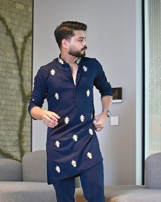 OXFORD BLUE RAW SILK WHITE THREAD EMBROIDERED KURTA WITH PAJAMA FOR MENS