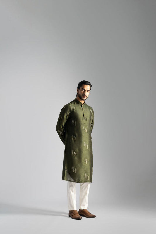 OLIVE GREEN LINEN SATIN CUTDANA & FLORAL EMBROIDERED KURTA PAJAMA SET FOR MEN'S