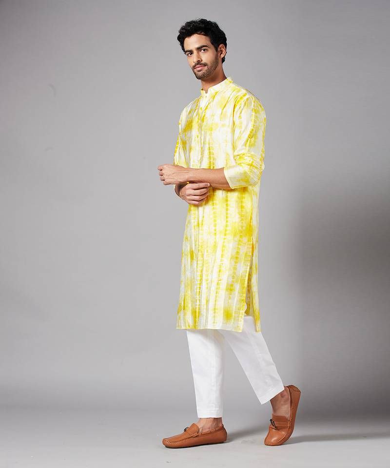 TIE & DAY WHITE & WHITE PRINTED KURTA PAJAMA SET FOR MEN'S