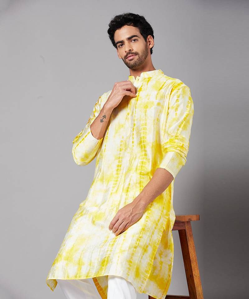 TIE & DAY WHITE & WHITE PRINTED KURTA PAJAMA SET FOR MEN'S