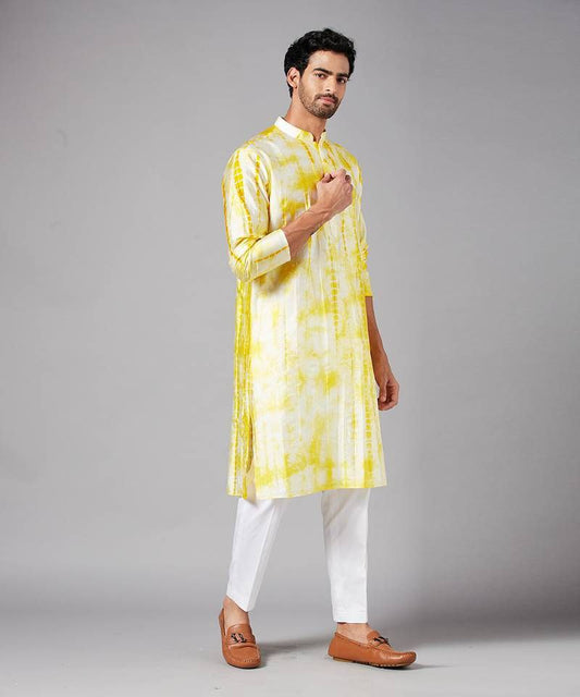 TIE & DAY WHITE & WHITE PRINTED KURTA PAJAMA SET FOR MEN'S