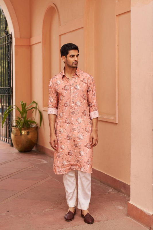 PINK CREPE PRINT GARDENIA BLOOM COLLARED KURTA PAJAMA SET FOR MEN'S