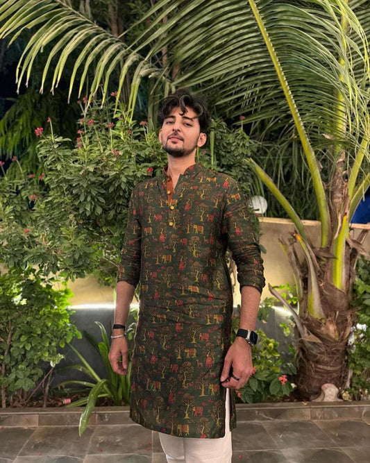 OLIVE GREEN PRINTED KURTA PAJAMA SET