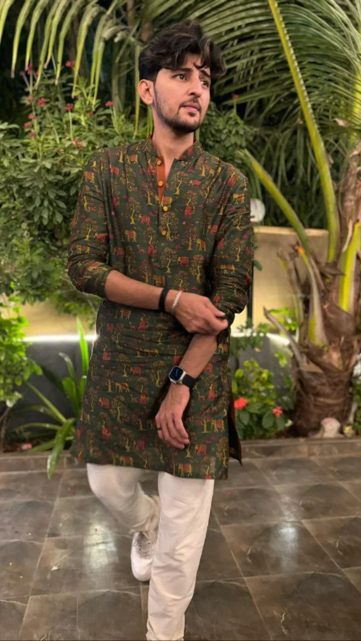 OLIVE GREEN PRINTED KURTA PAJAMA SET
