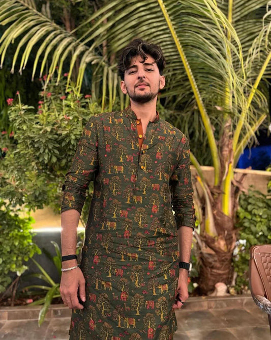 OLIVE GREEN PRINTED KURTA PAJAMA SET