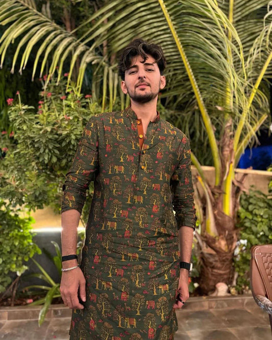 OLIVE GREEN PRINTED KURTA PAJAMA SET