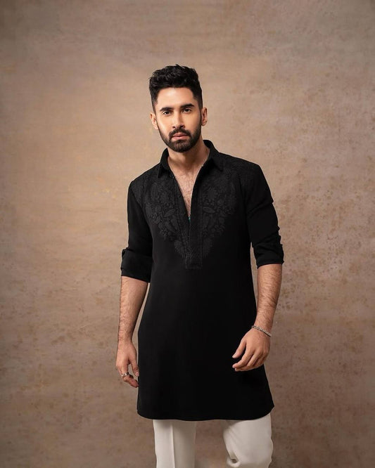 BLACK NECK COTTON EMBROIDERED WORK KURTA PAJAMA SET FOR MEN'S