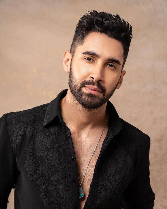 BLACK NECK COTTON EMBROIDERED WORK KURTA PAJAMA SET FOR MEN'S