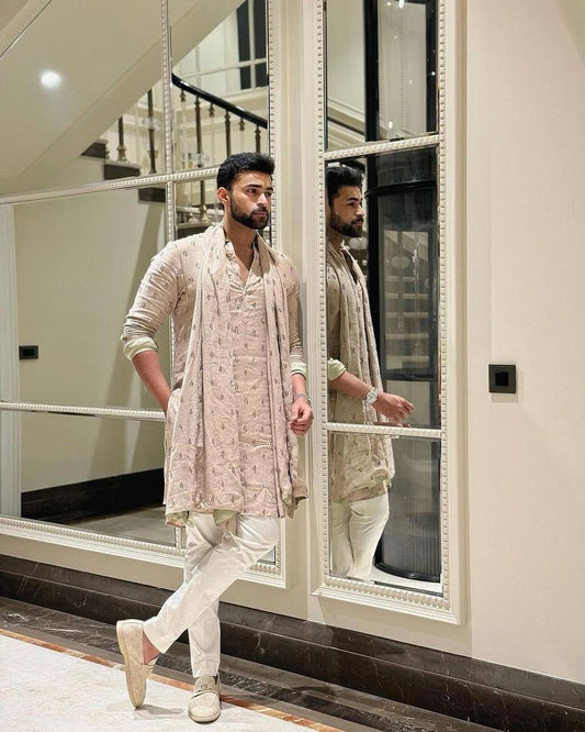 BEIGE MOTIF EMBROIDERED WORK KURTA, PAJAMA AND DUPATTA SET FOR MEN'S