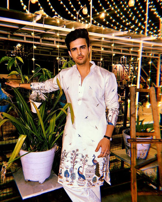 TREE N PEACOCK DAMAN PRINTED WORK KURTA PAJAMA SET FOR MEN'S