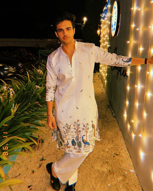 TREE N PEACOCK DAMAN PRINTED WORK KURTA PAJAMA SET FOR MEN'S