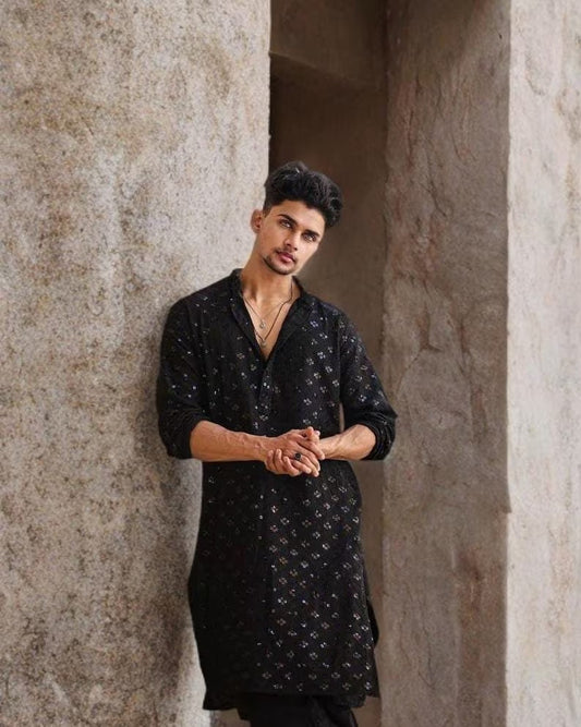 BLACK EMBROIDERED AND SEQUENCE KURTA WITH PAJAMA