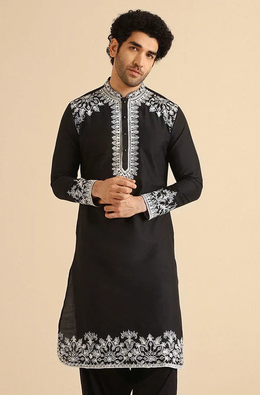 Black Neck White Cotton Embroidered Work Men's Kurta with Pajama