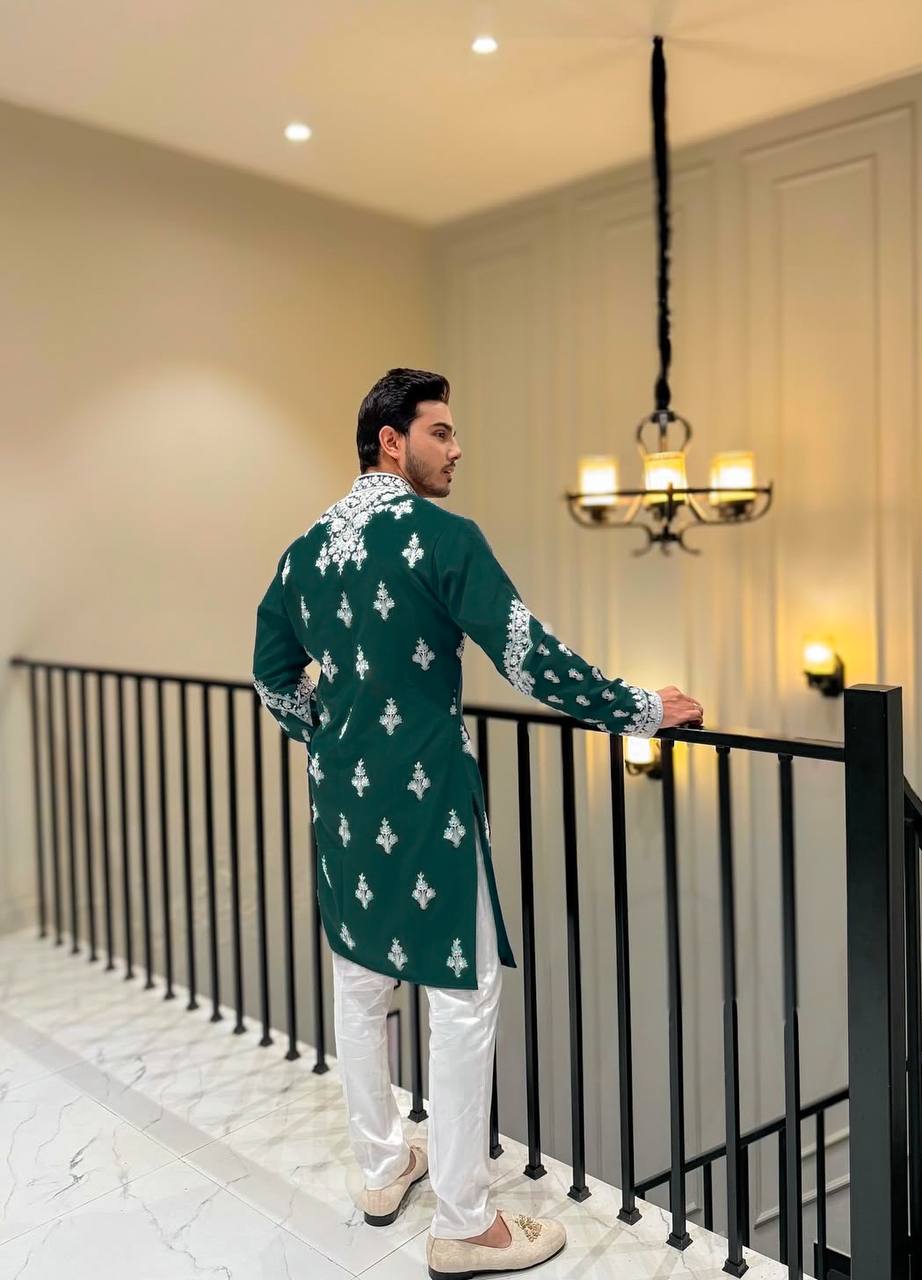SPECIAL GREEN NECK EMBROIDERED WORK MEN’S KURTA WITH PAJAMA
