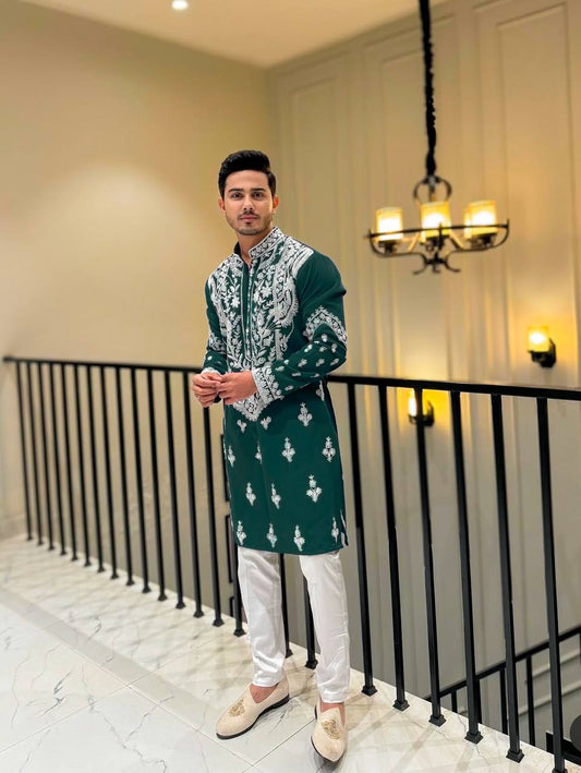 SPECIAL GREEN NECK EMBROIDERED WORK MEN’S KURTA WITH PAJAMA