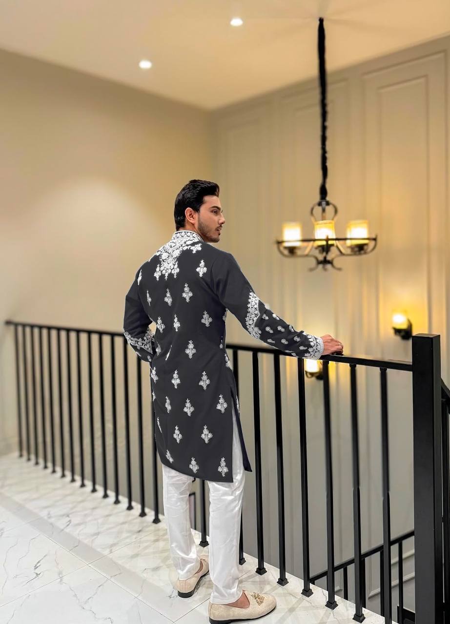 SPECIAL BLACK NECK EMBROIDERED WORK MEN’S KURTA WITH PAJAMA
