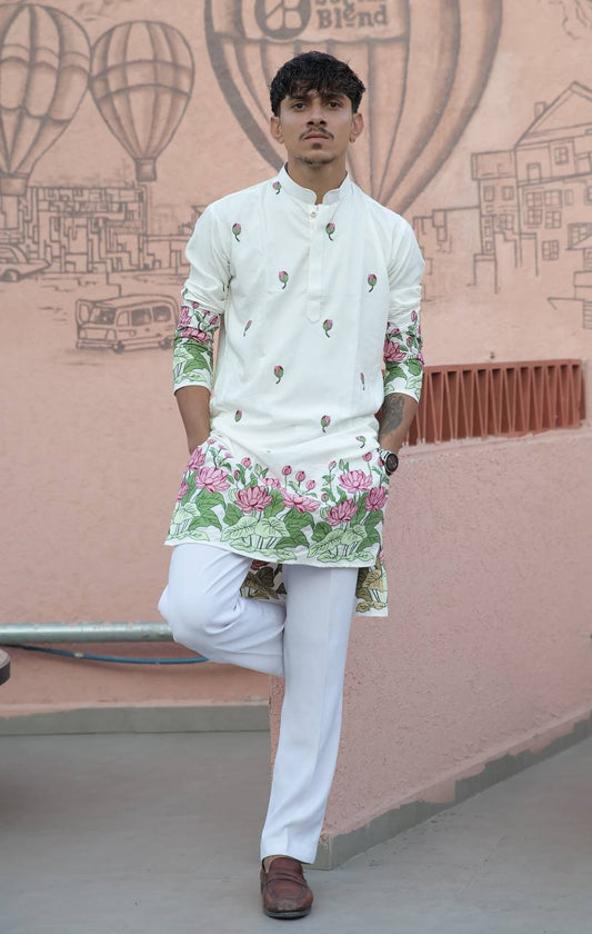 WHITE PINK LOTUS HEAVY FLORAL EMBROIDERED KURTA WITH PAJAMA