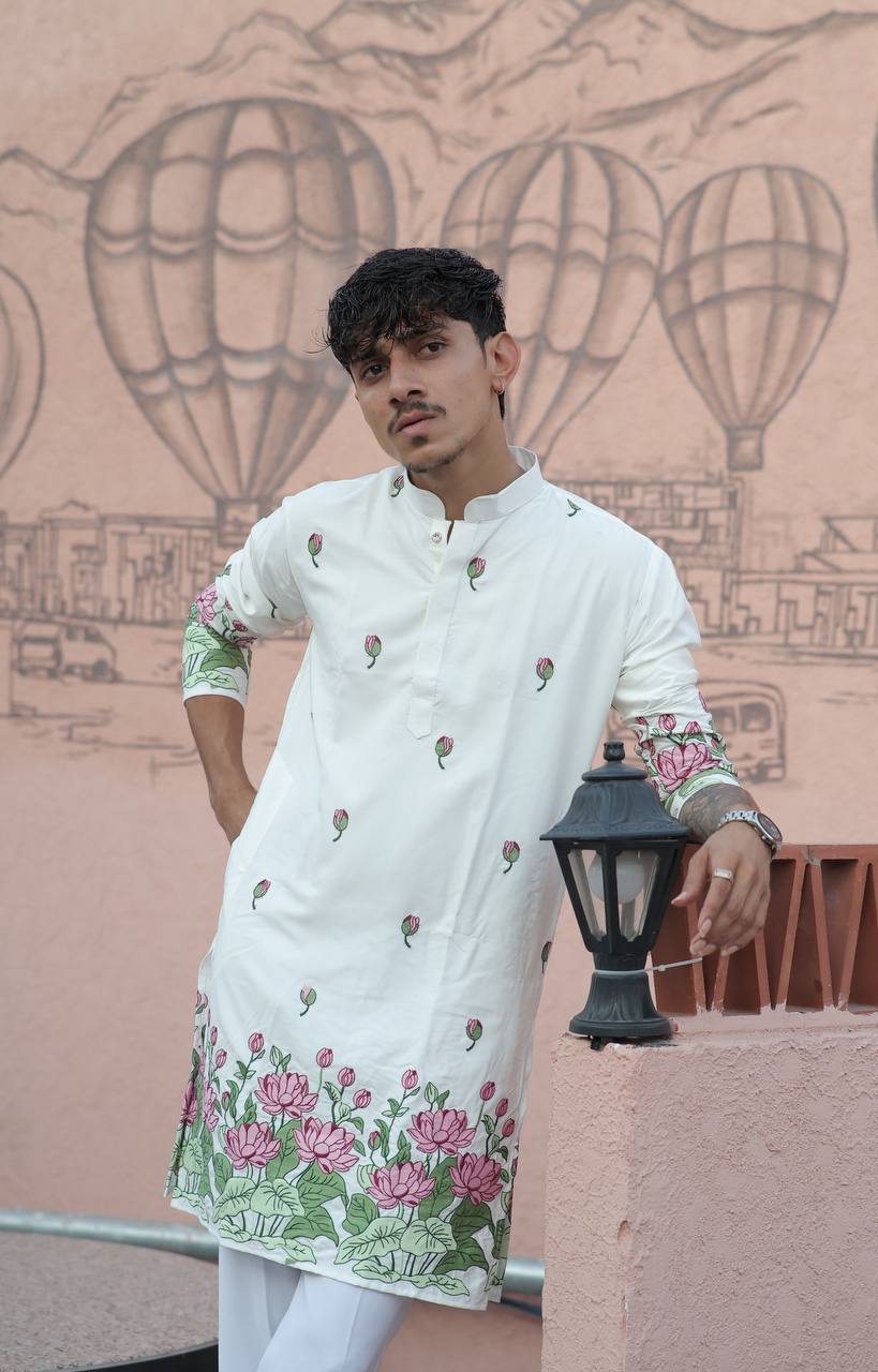 WHITE PINK LOTUS HEAVY FLORAL EMBROIDERED KURTA WITH PAJAMA