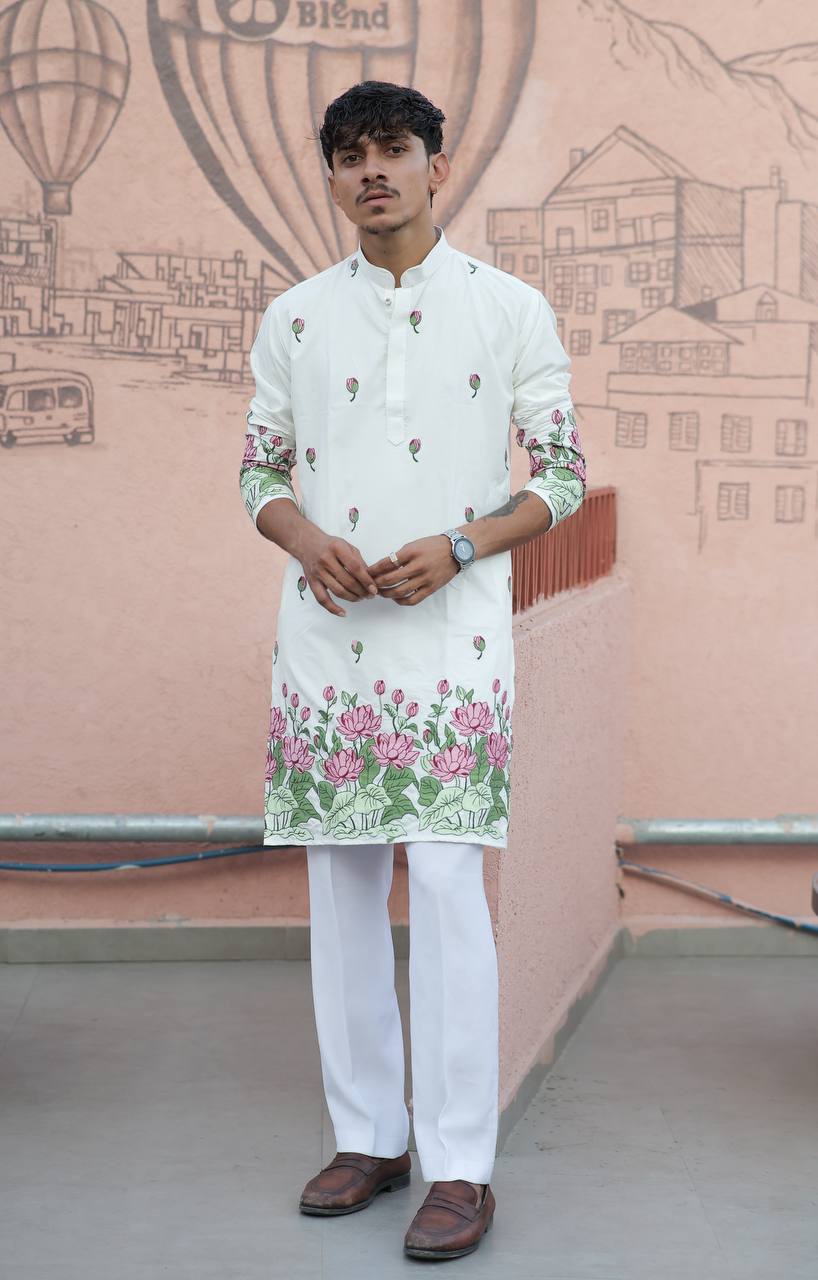WHITE PINK LOTUS HEAVY FLORAL EMBROIDERED KURTA WITH PAJAMA