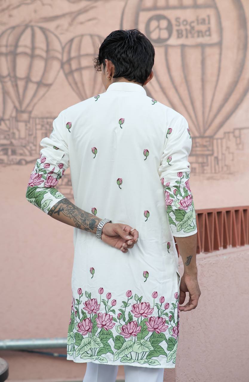 WHITE PINK LOTUS HEAVY FLORAL EMBROIDERED KURTA WITH PAJAMA