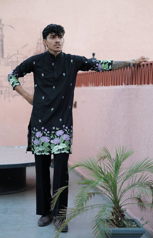 BLACK PURPLE LOTUS HEAVY FLORAL EMBROIDERED KURTA WITH PAJAMA
