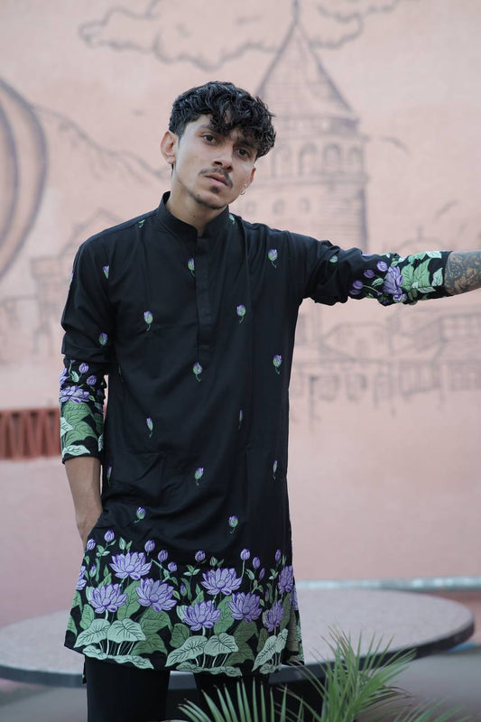 BLACK PURPLE LOTUS HEAVY FLORAL EMBROIDERED KURTA WITH PAJAMA