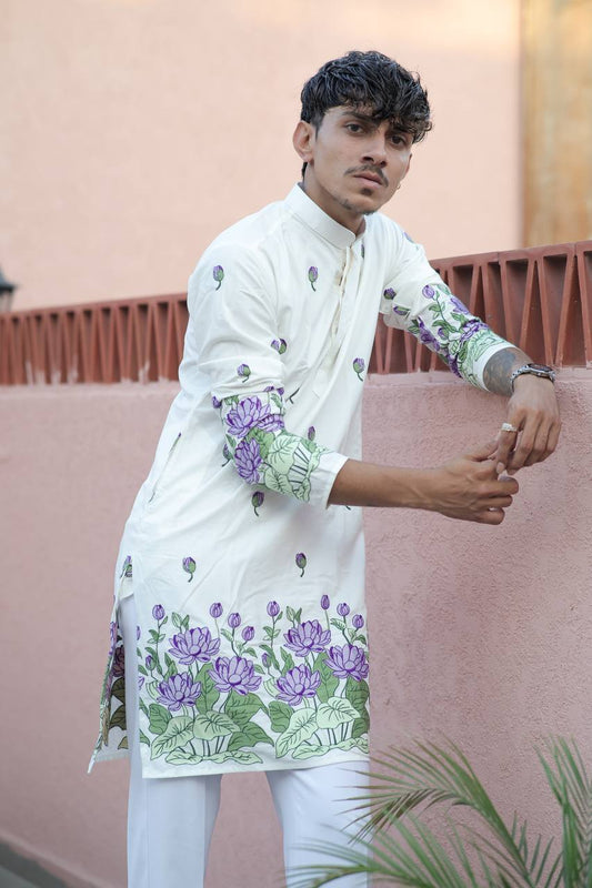 WHITE PURPLE LOTUS HEAVY FLORAL EMBROIDERED KURTA WITH PAJAMA